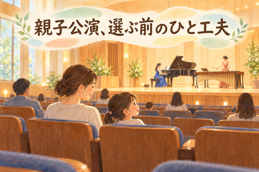 明るさを残した小さなホールで親子が演奏を楽しむイメージ（AI制作イメージ）