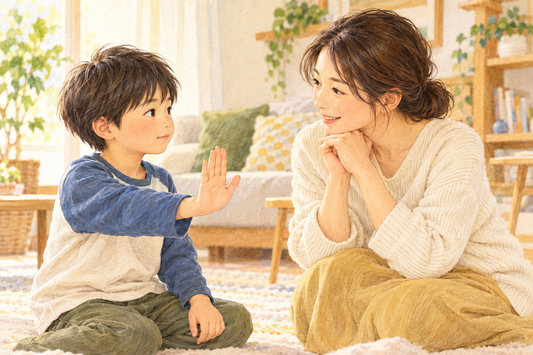 子どもの休みたい合図を目線を合わせて受け止める保護者の創作イラスト