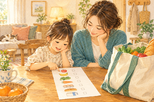 買い物リストとバッグを前に外出を相談する親子の創作イラスト