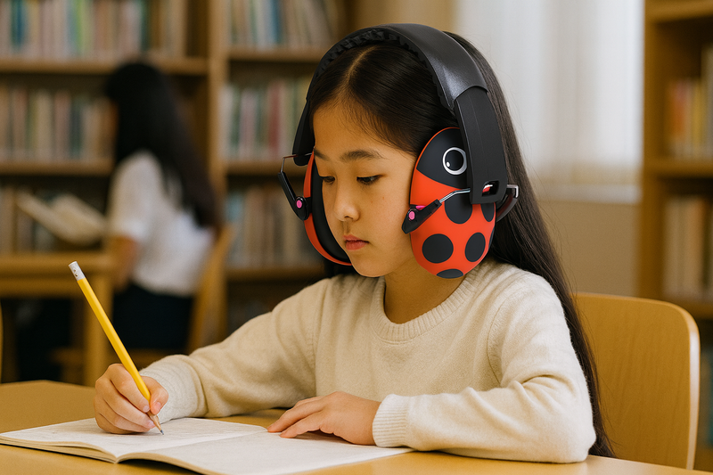 てんとう虫のイヤーマフを着けて勉強する女の子