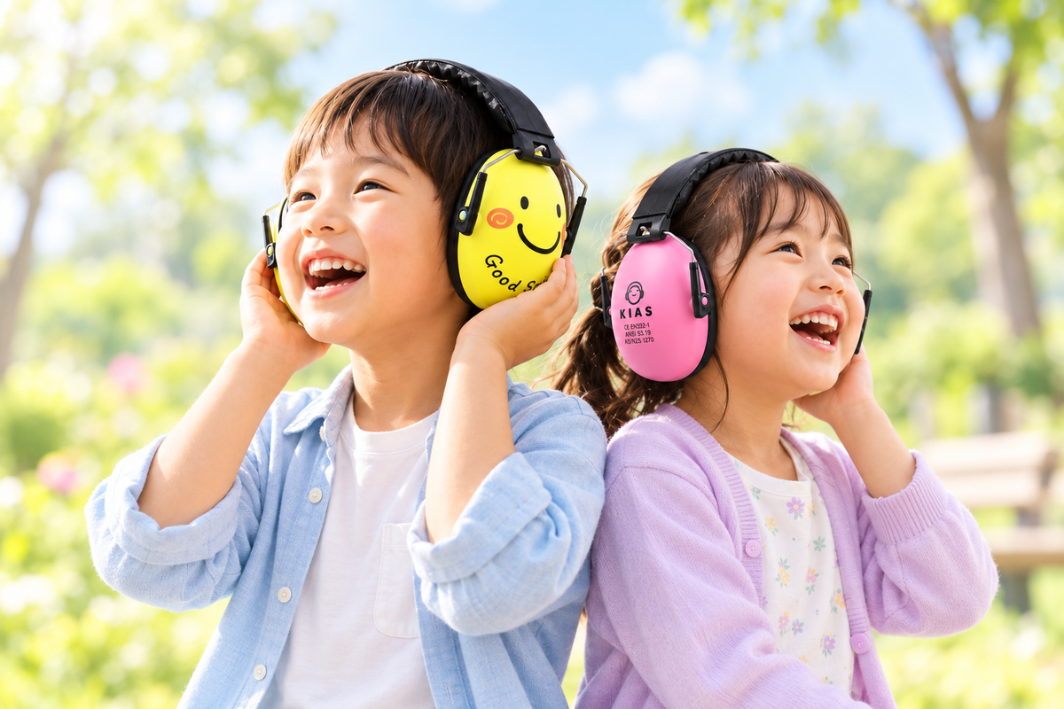 キアーズの防音イヤーマフ（スマイルとピンク）を着けて笑う男の子と女の子